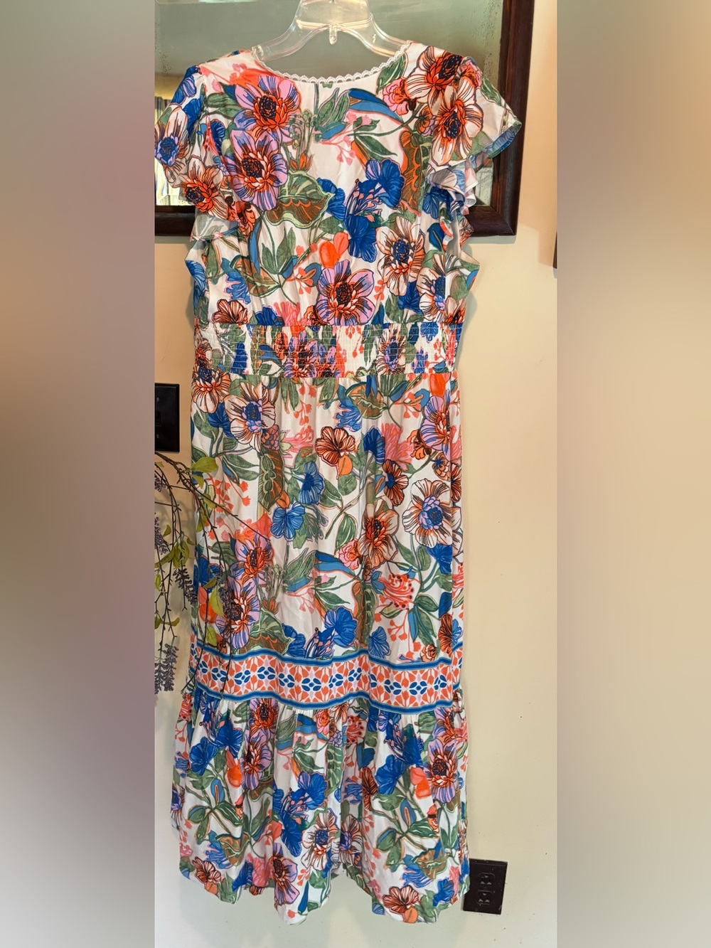 Adrianna Papell Smocked-Waist Flutter-Sleeve Midi Dress Sz 14 Colorful Cruise - Picture 3 of 12